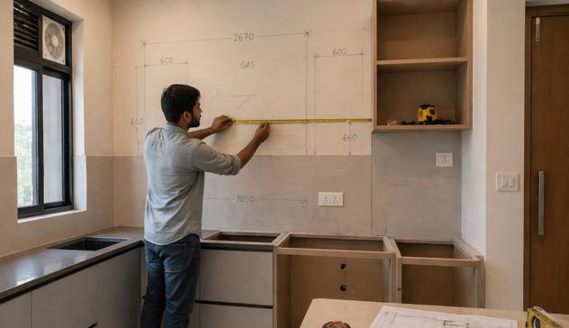 modular kitchen site inspection, designs and mateiral choosing